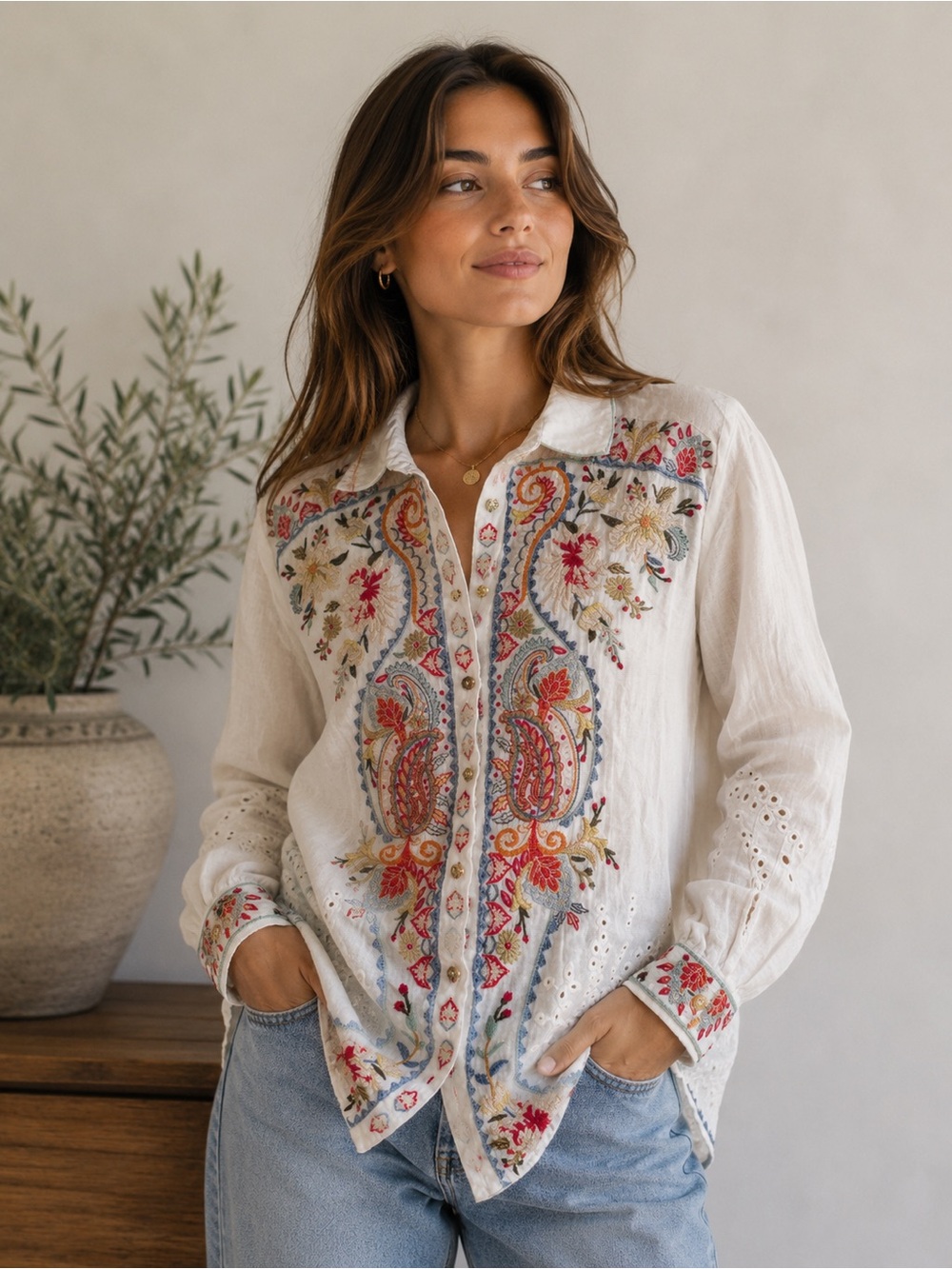Johnny Was White Button-Down Blouse with Multicolor Paisley Embroidery